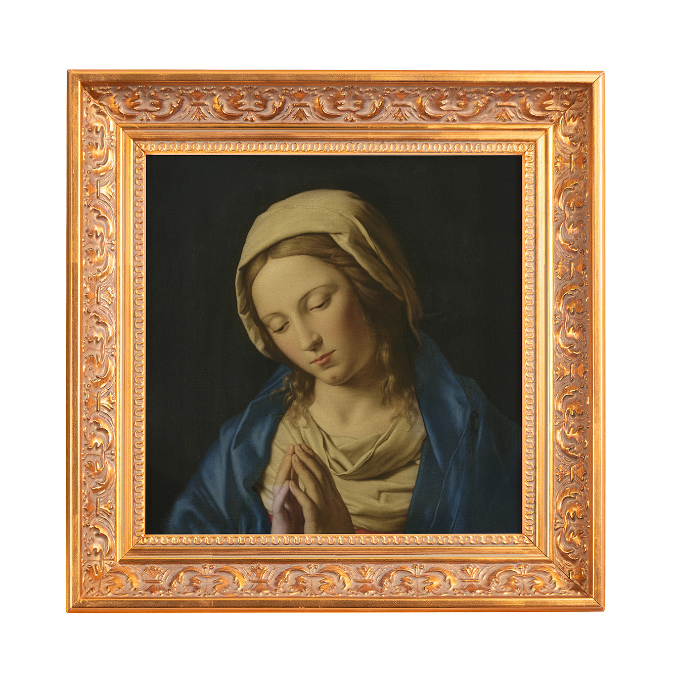 Framed portrait of the Virgin Mary with blue robe in an ornate gold frame.