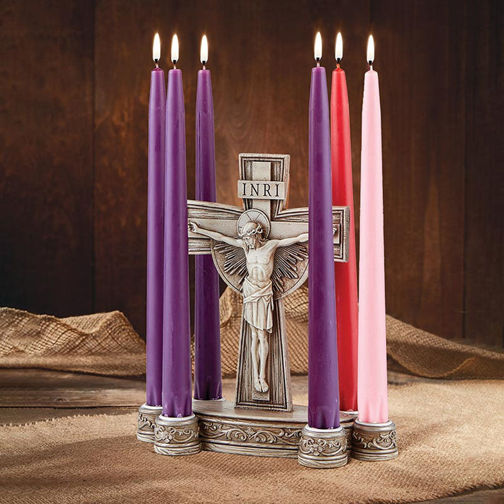Crucifix Lenten Candleholder and Lent Taper Candles Set