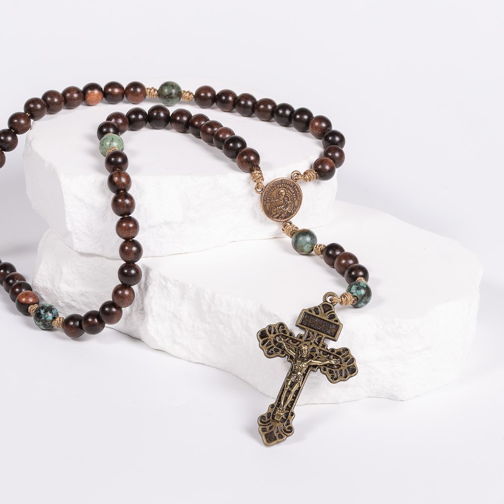 St. Joseph & Two Hearts Wood Bead Corded Rosary