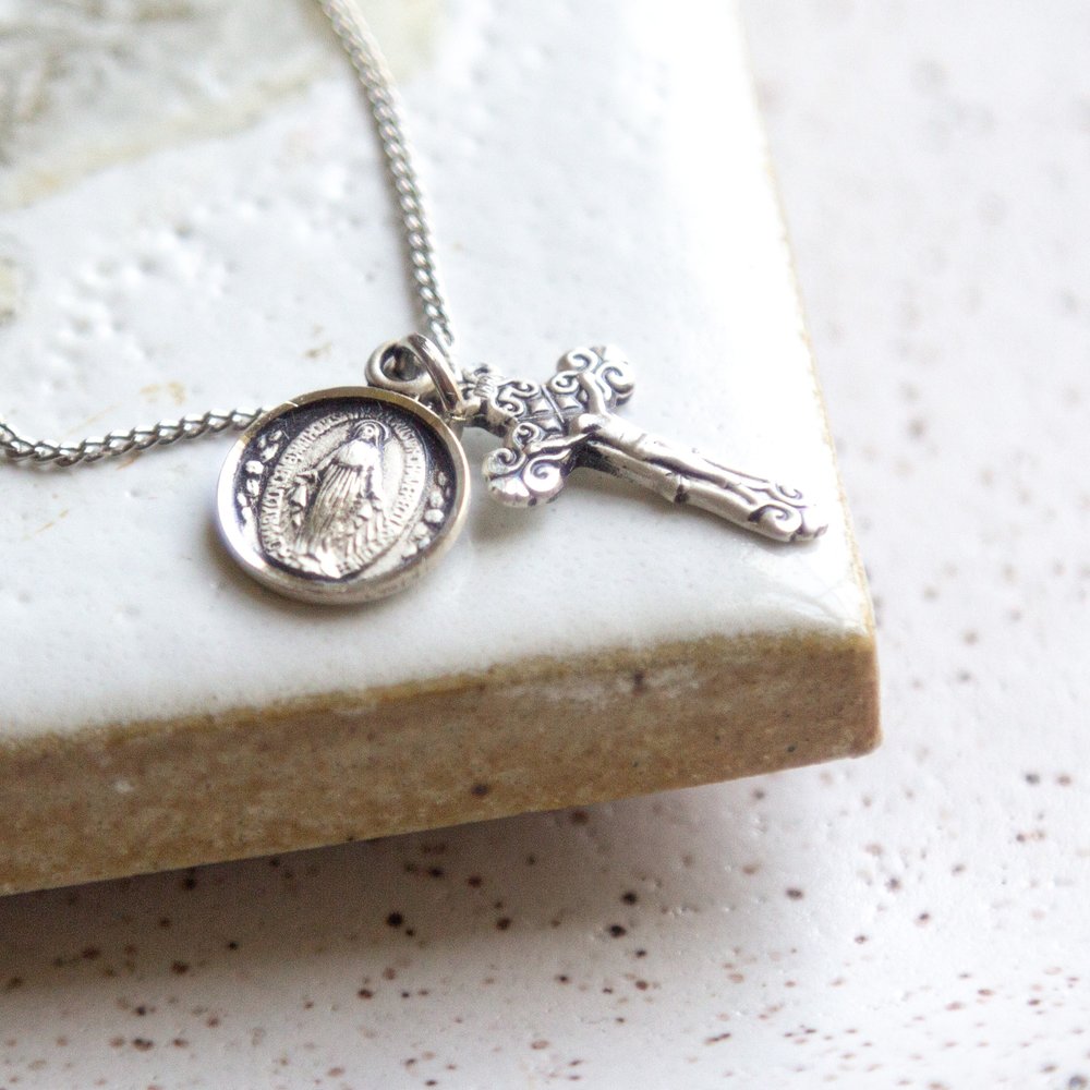 Round Miraculous Medal & Petite Crucifix Necklace