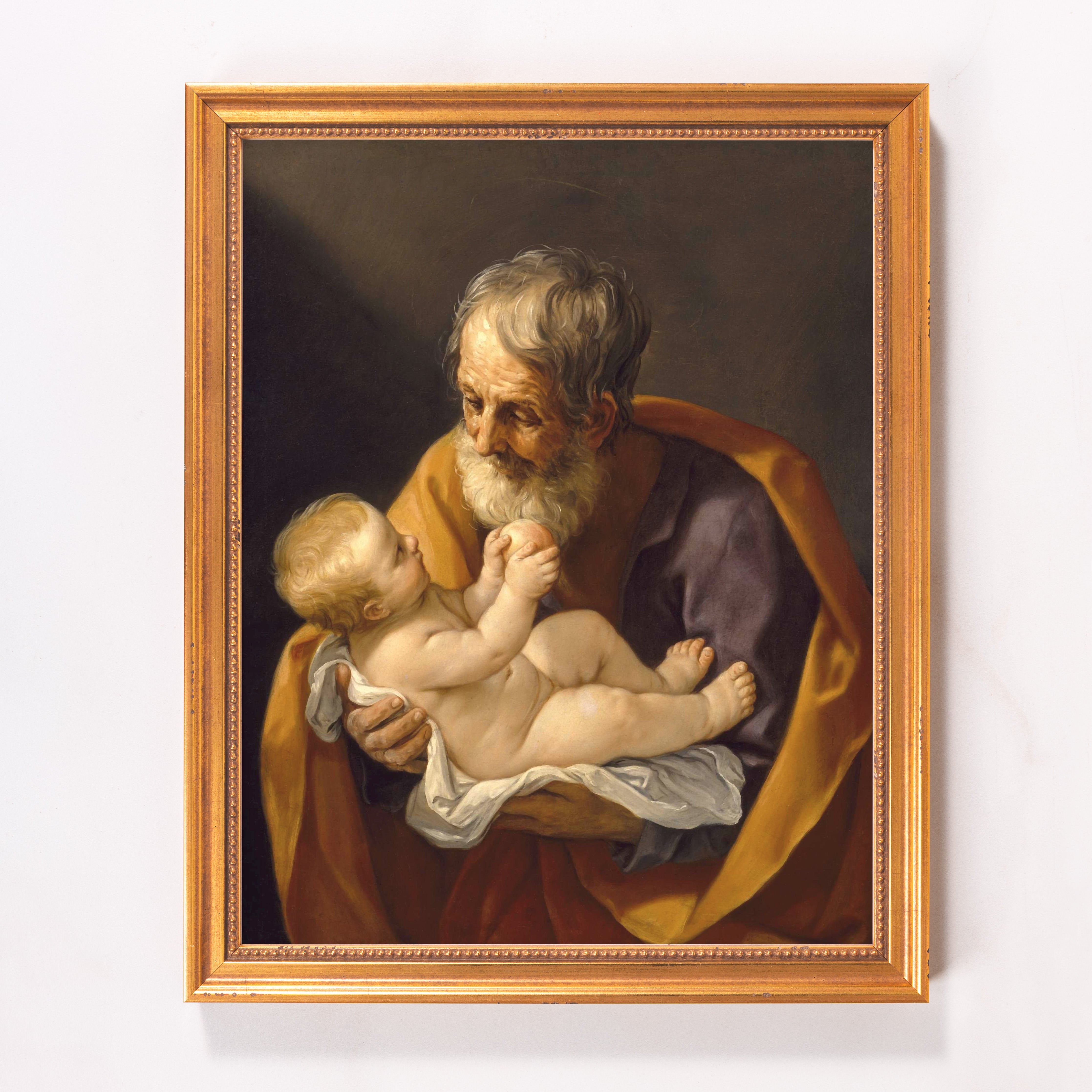 Framed oil painting depicts an old man holding a baby, set in a dark interior with a gold frame.