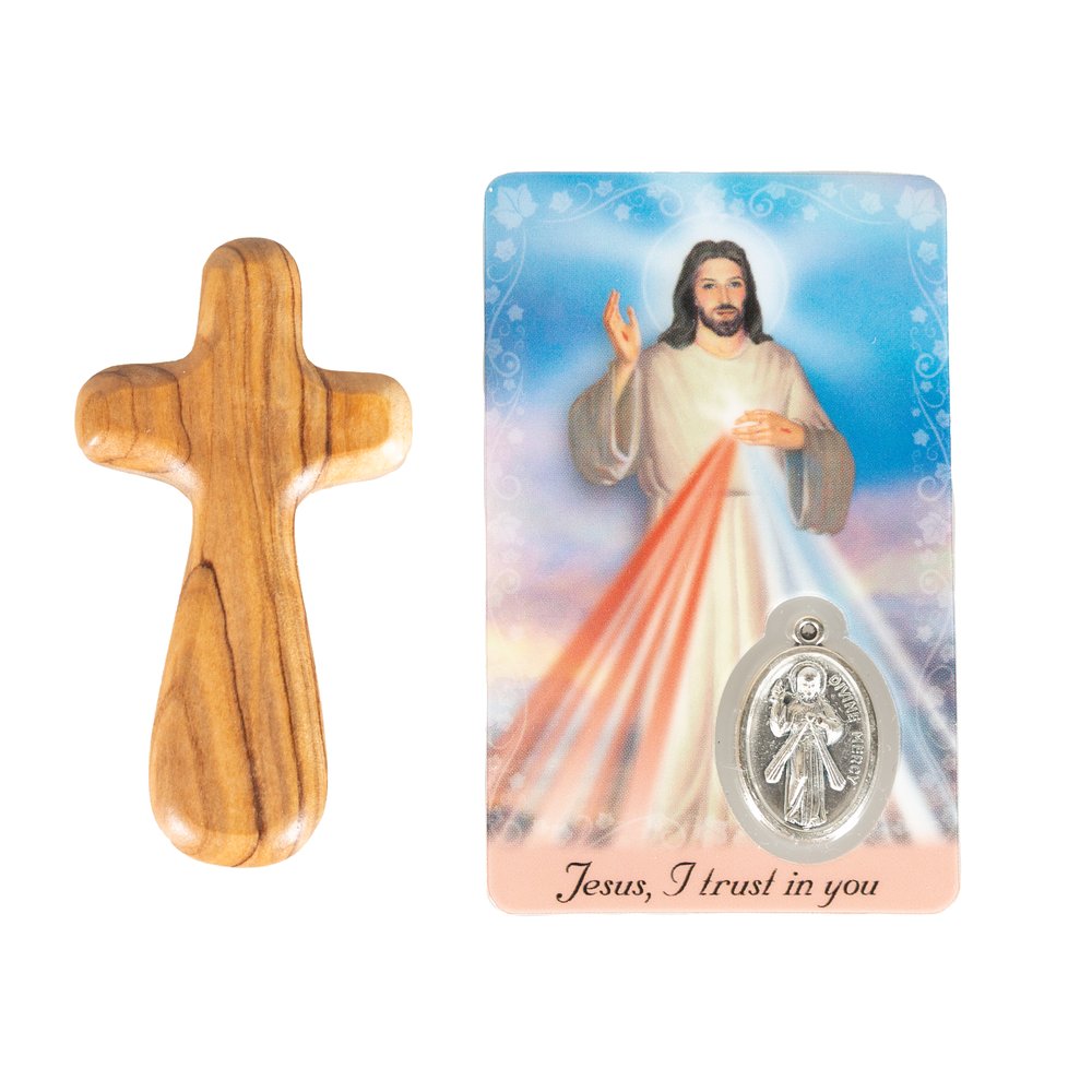 Holy Land Divine Mercy Prayer Card & Olive Wood Cross