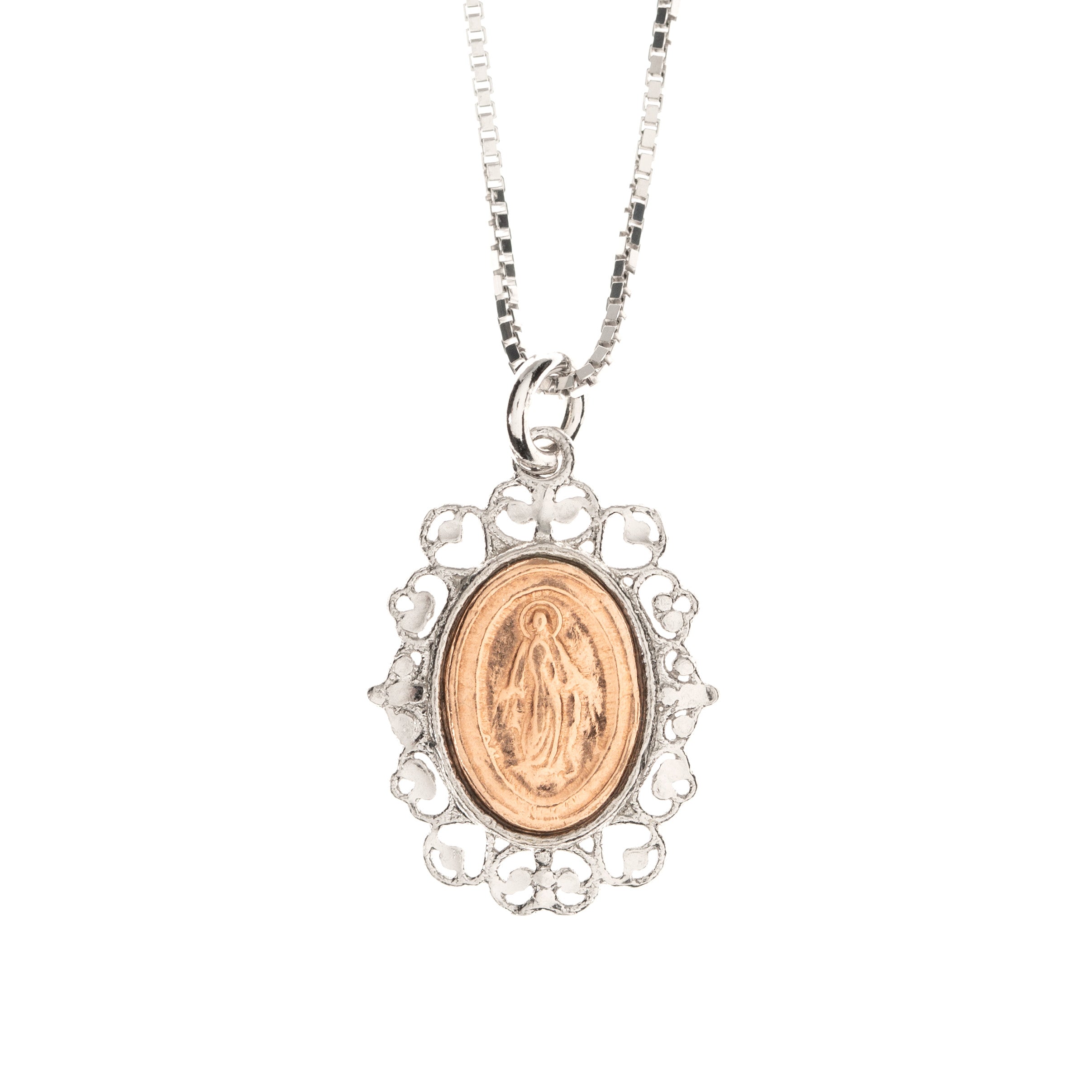 Rose Gold & Sterling Silver Border Miraculous Medal Necklace