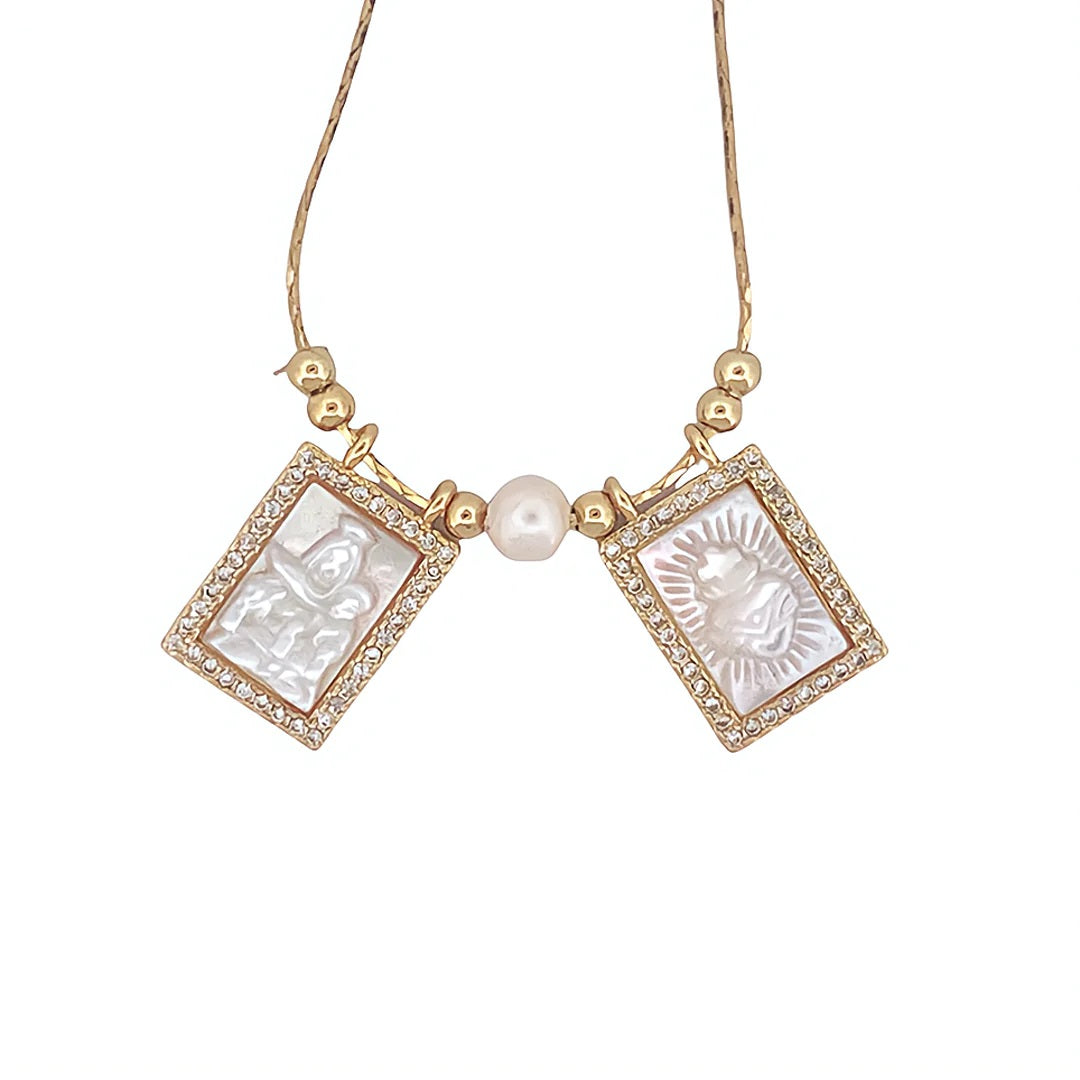 Mother of Pearl Cubic Zirconia Gold Scapular Necklace