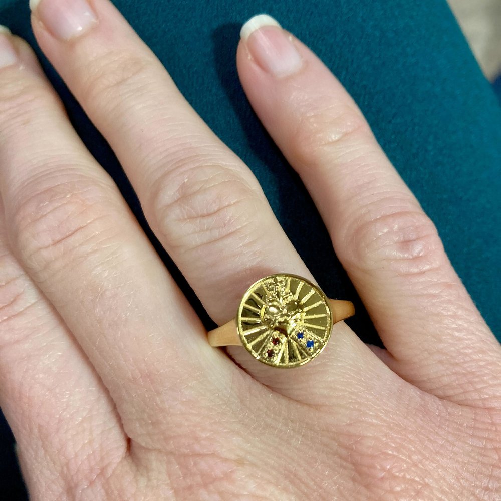 Gold Over Sterling Sapphire & Garnet Sacred Heart & Divine Mercy Ring