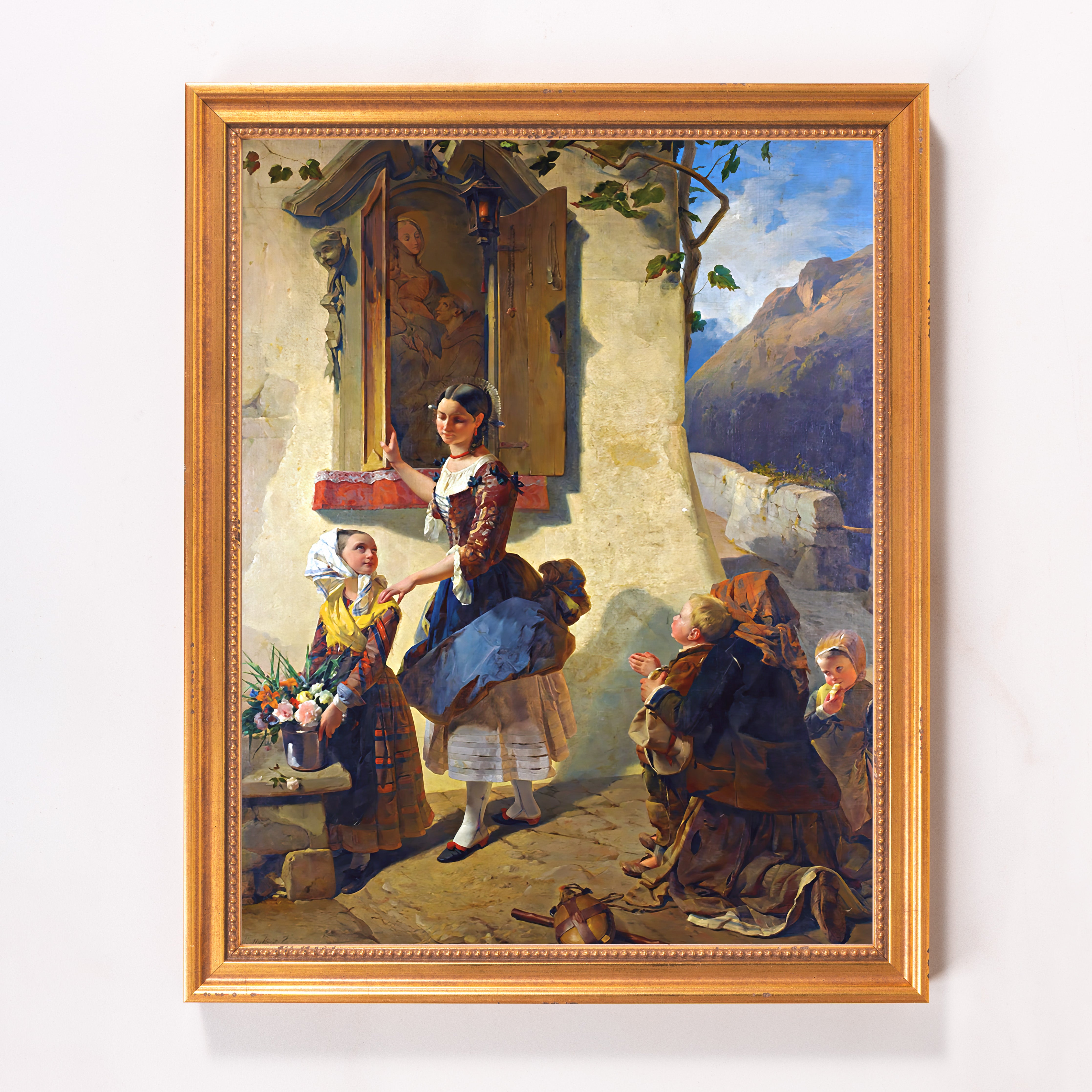 Framed painting shows woman at window with children, in the style of the 19th century European tradition.