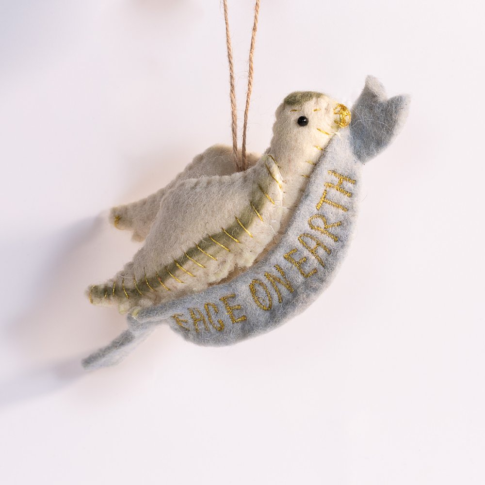 Handmade Wool Felt Dove Ornament with Embroidered Banner