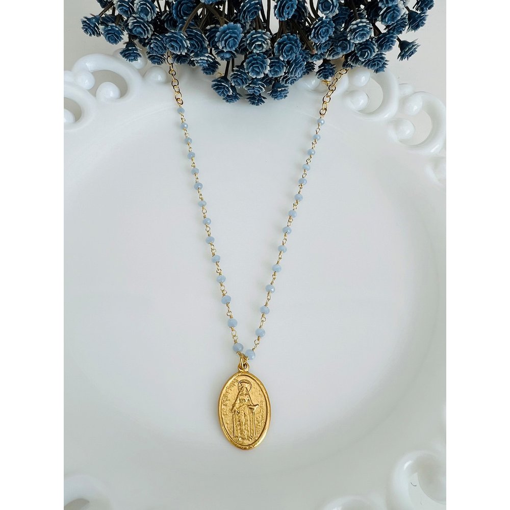 Blue Chalcedony Beaded St. Dymphna Necklace