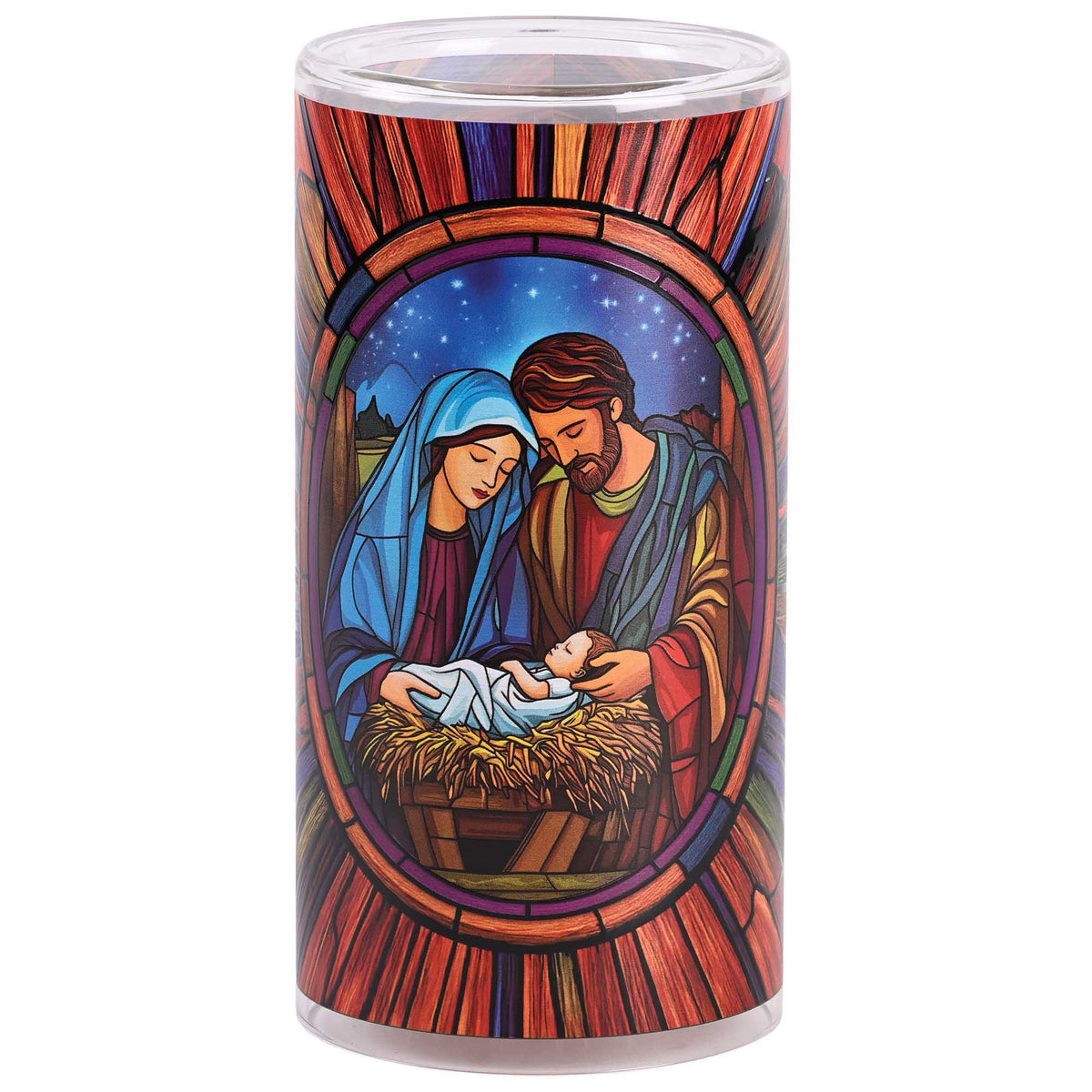 Holy Family Stained Glass Style Candle Holder with 3" LED Candle