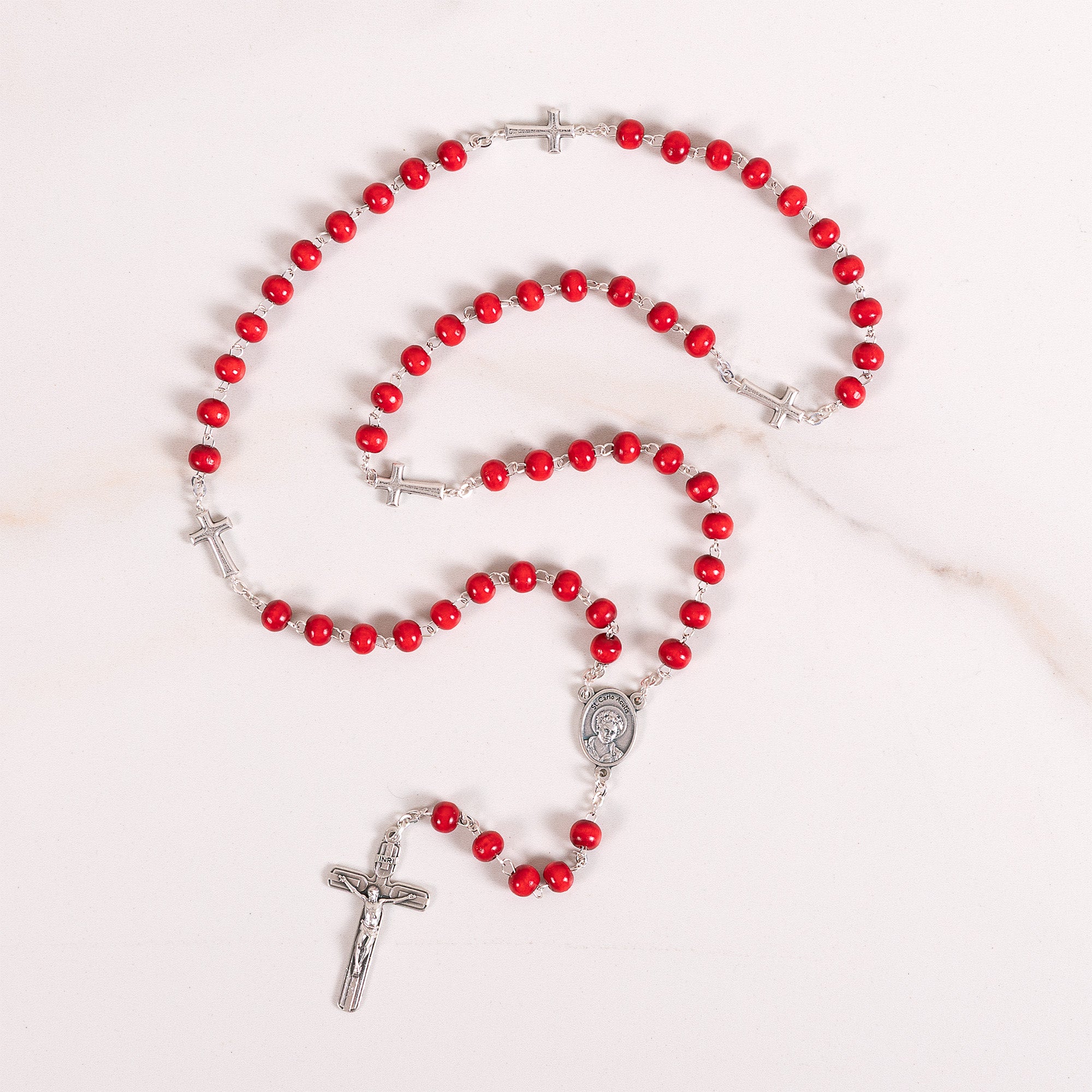 St. Carlo Acutis Red Wood Bead Rosary
