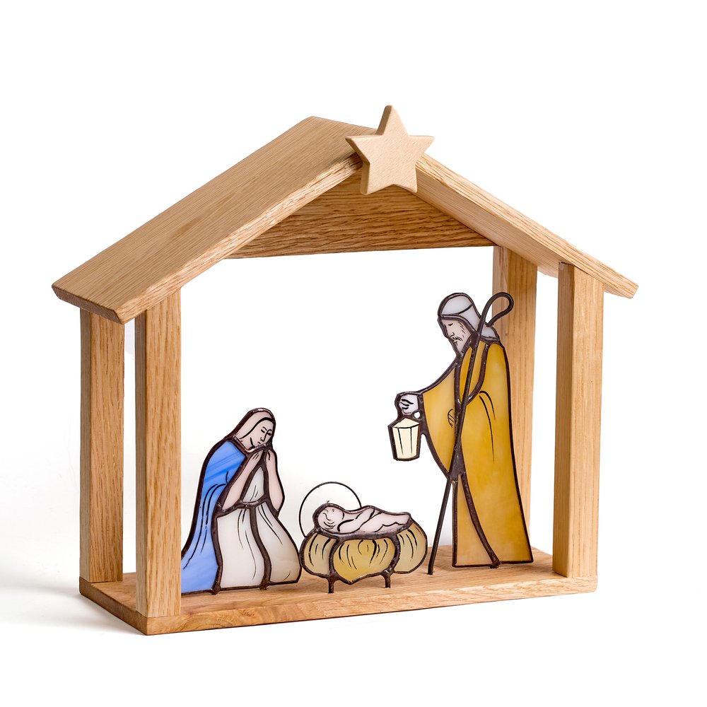 Handcrafted Stained Glass Nativity Scene with Wooden Stable