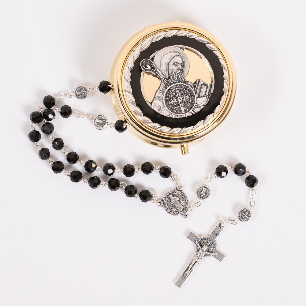 Italian Gray Glass St. Benedict Rosary & St. Benedict Rosary Box Set
