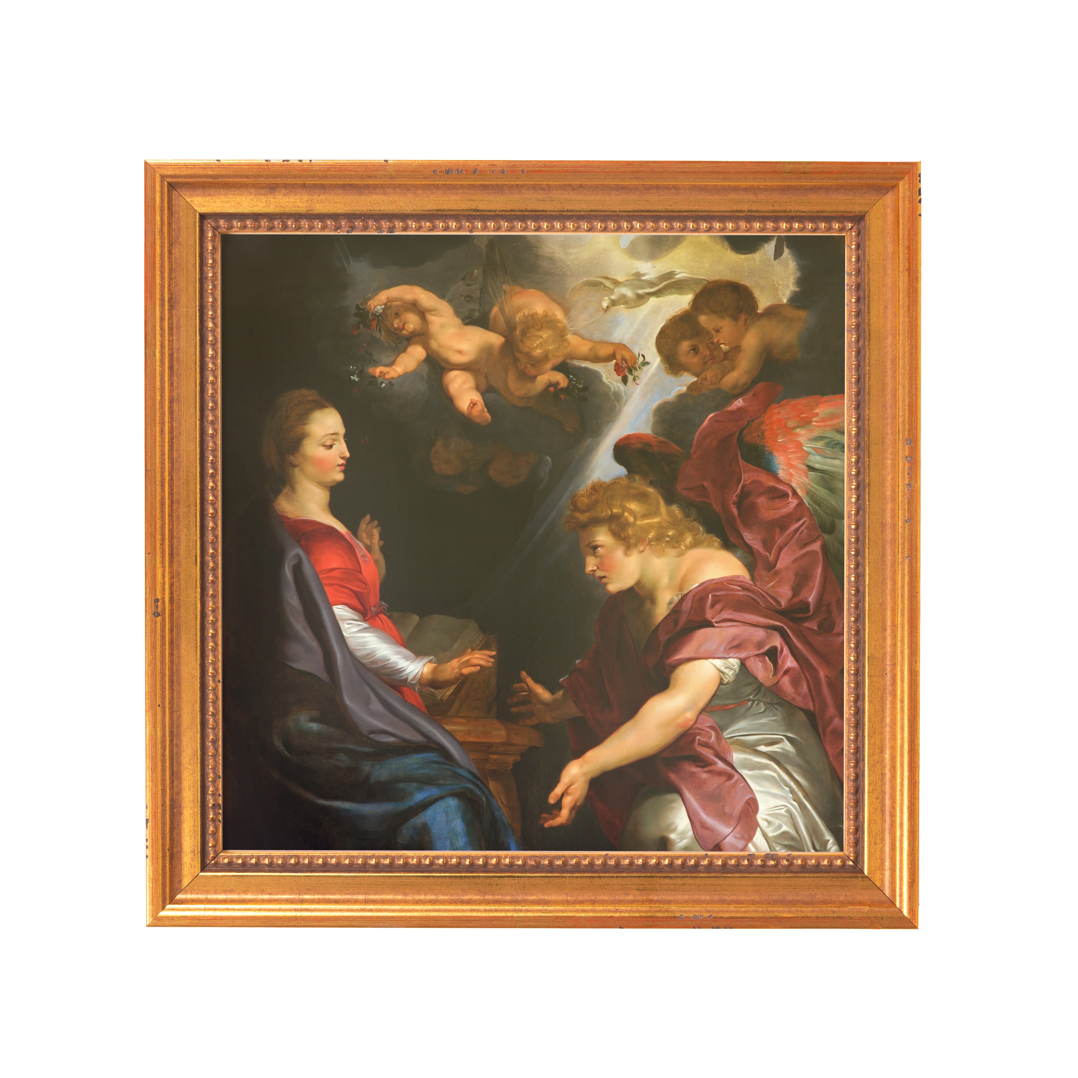 Framed painting of the Annunciation scene with angels and gold frame.