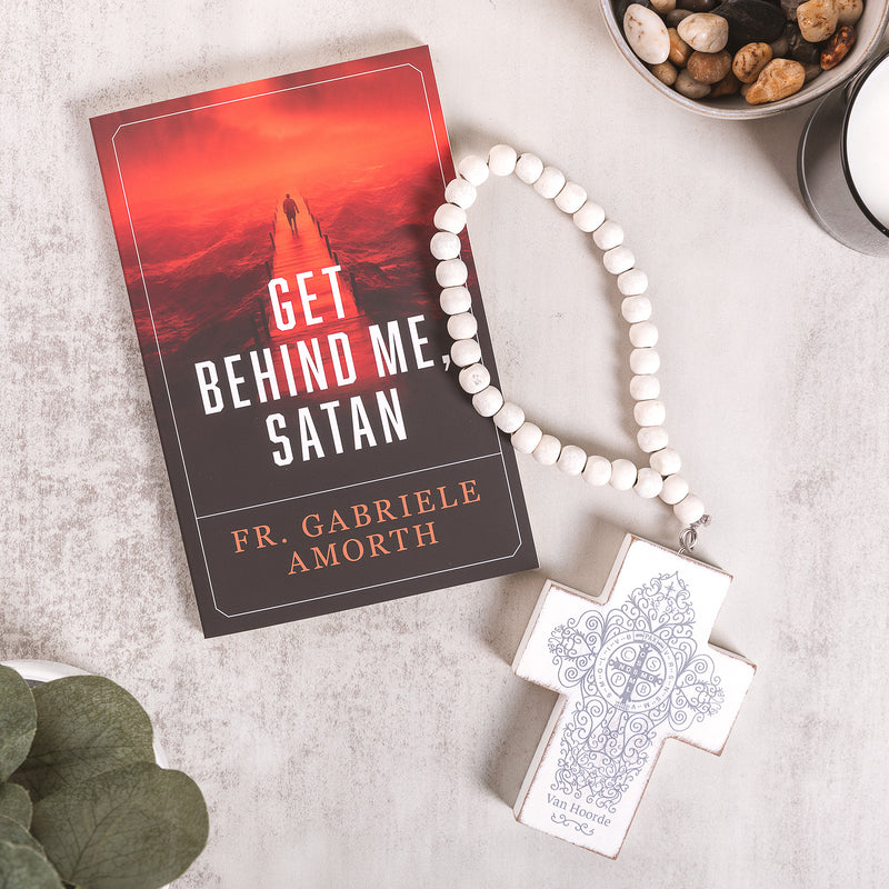 Get Behind Me Satan Book & St Benedict Home Blessing Hanging Cross Set