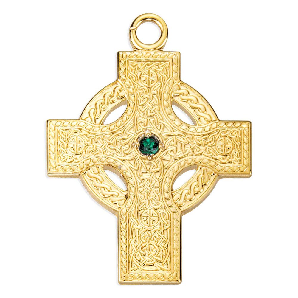 Gold Iona Celtic Cross Necklace with Emerald Center