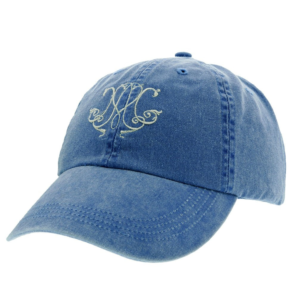 Denim baseball cap with embroidered monogram.