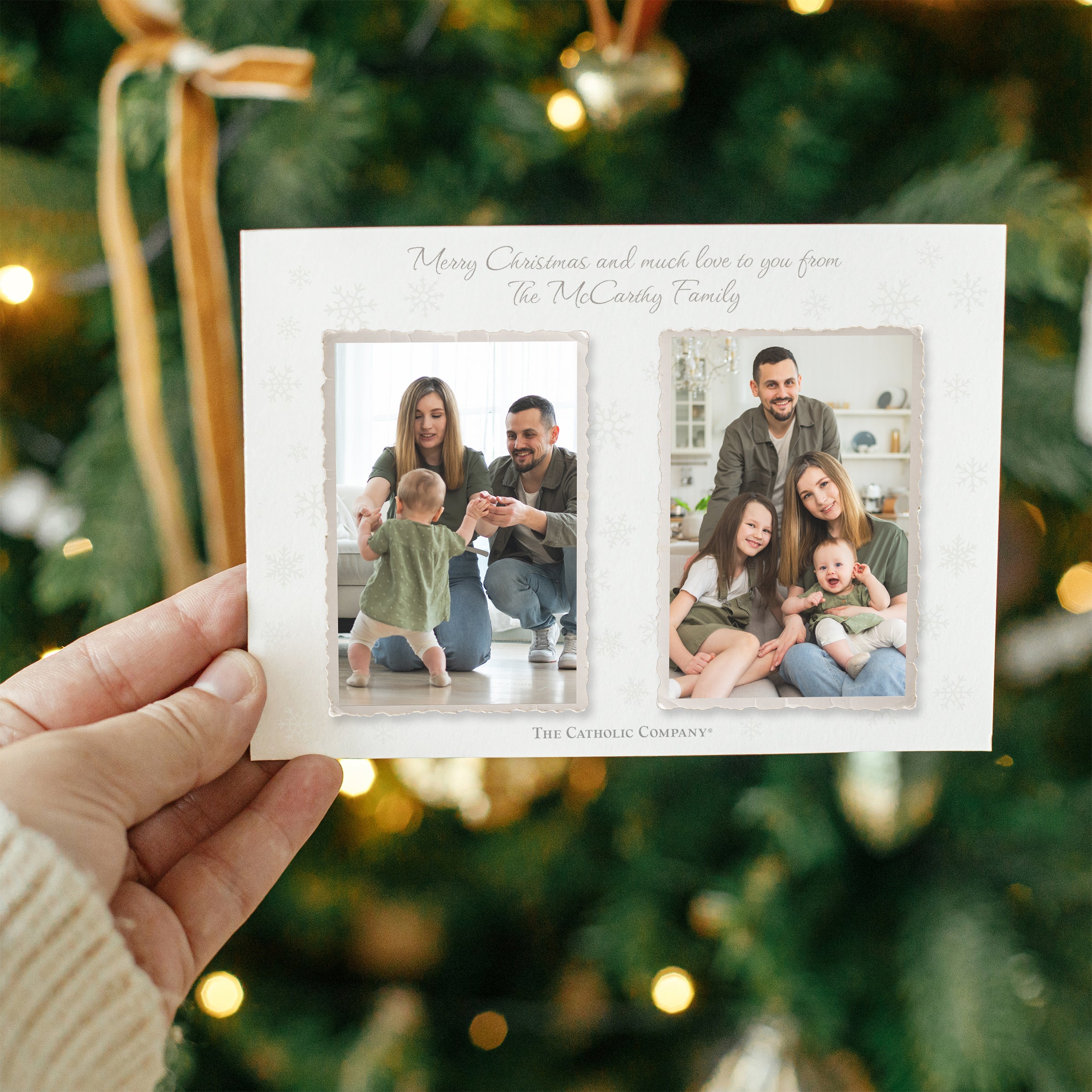 Creamy paper Christmas card with two family photos and snowflake details.