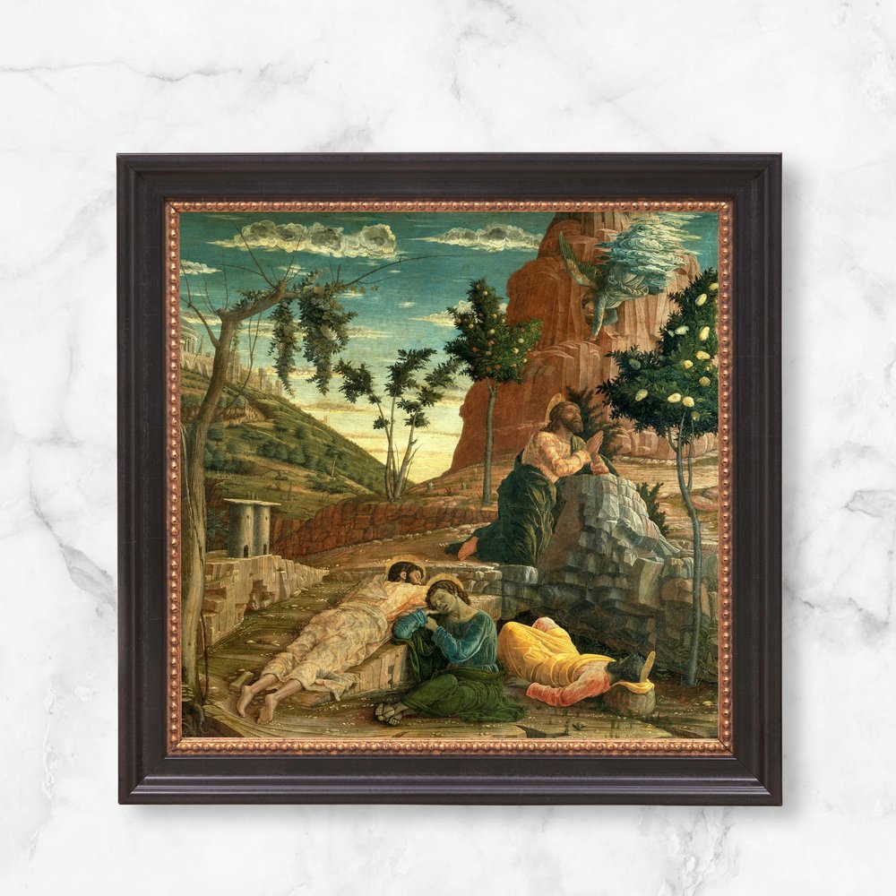 Framed painting depicts Jesus praying in Gethsemane while disciples sleep, oil on canvas, Renaissance style.