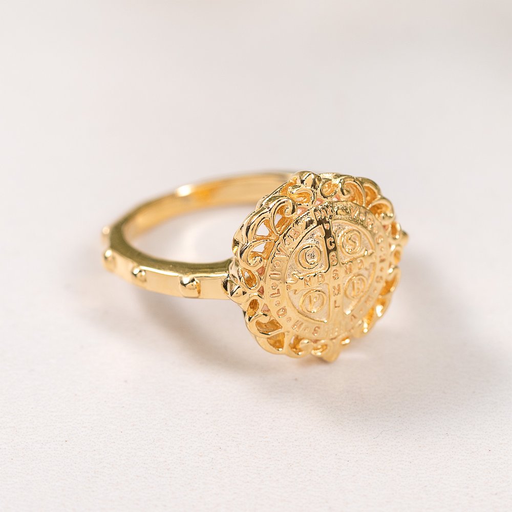 Gold Over Sterling Silver St. Benedict Filigree Rosary Ring