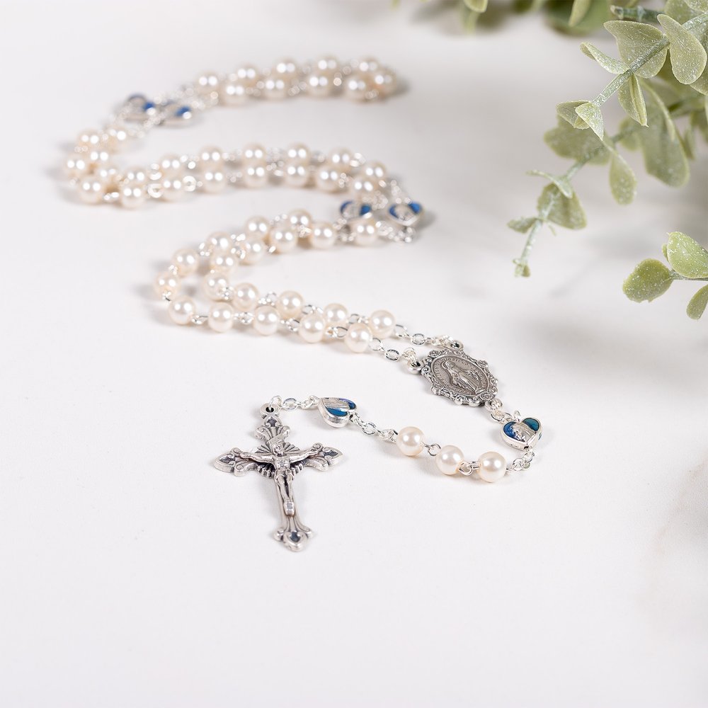 Delicate Glass Pearl & Blue Rosary