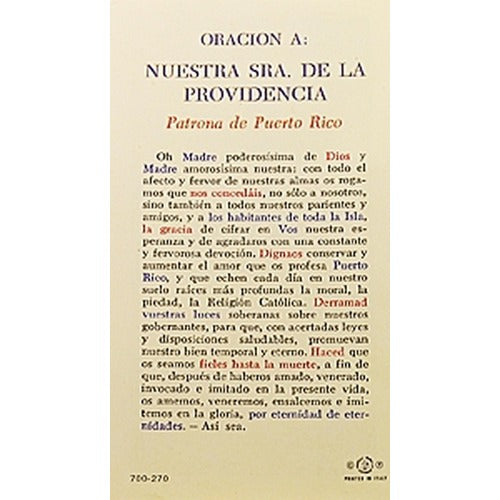 Oracion a Nuestra Senora de La Providencia (Our Lady of Providence) - Spanish Prayer Card