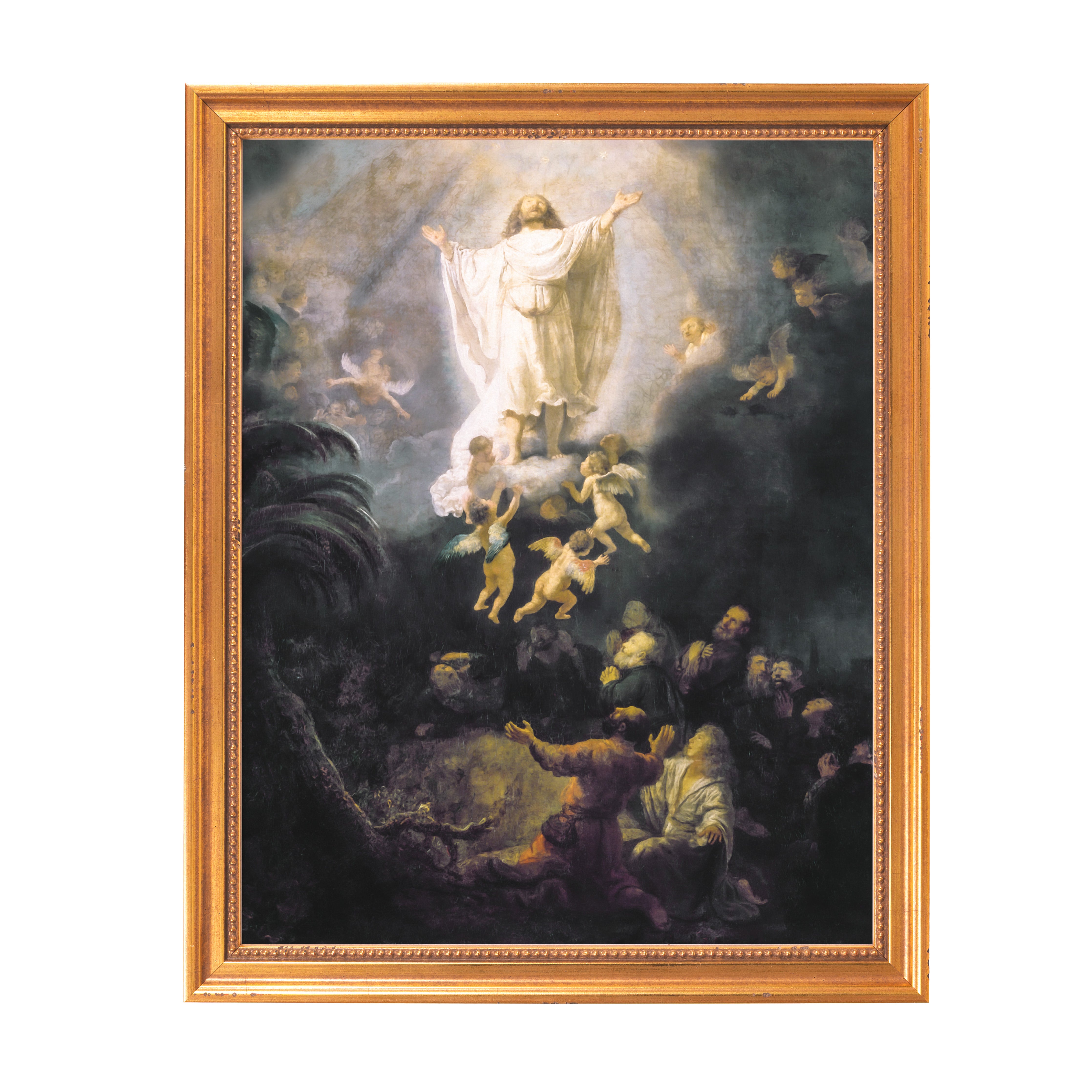 Framed print of Jesus Christ Ascending to Heaven, surrounded by angels, in an ornate gold frame.