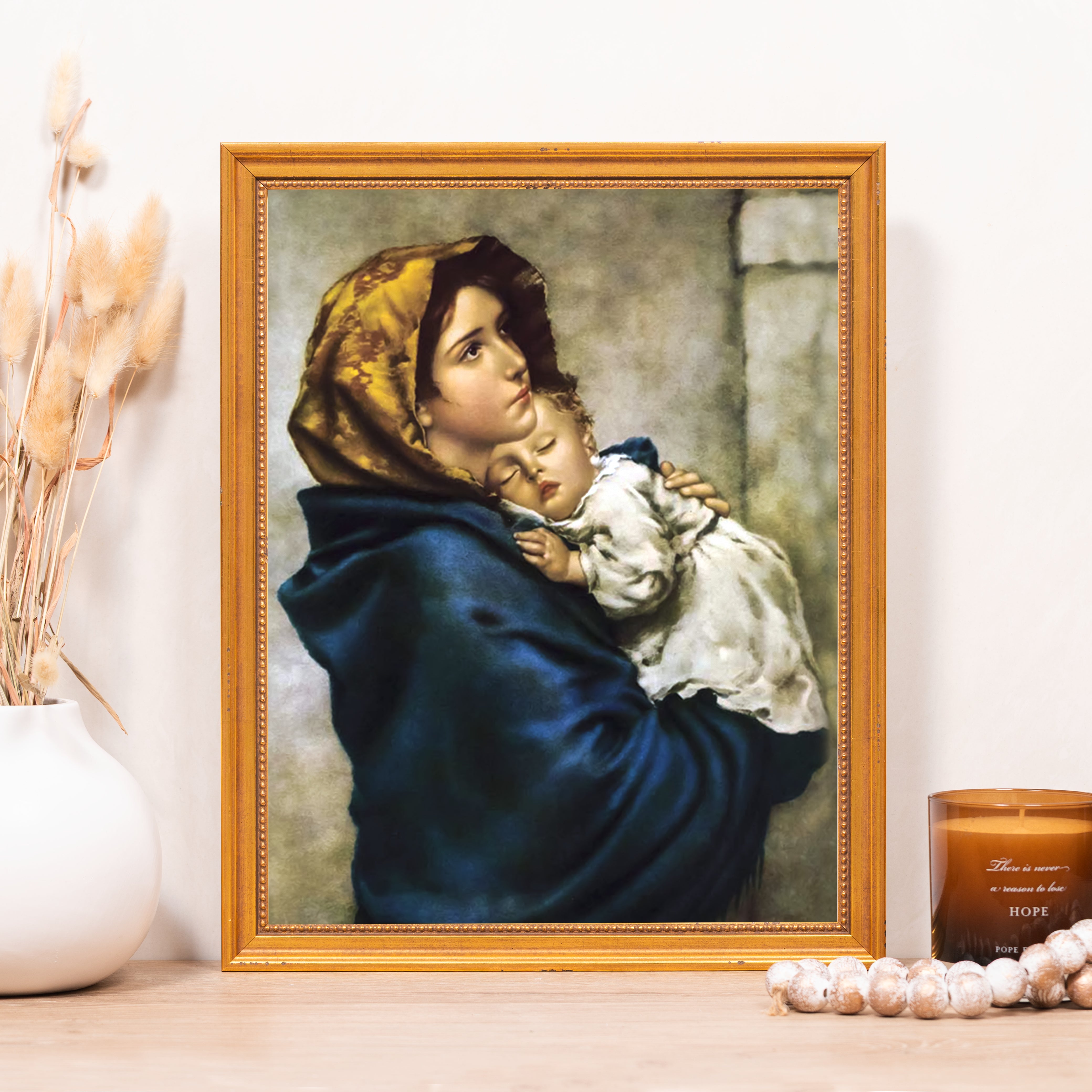 Framed print of Mary and child in blue and gold tones, home decor art piece.