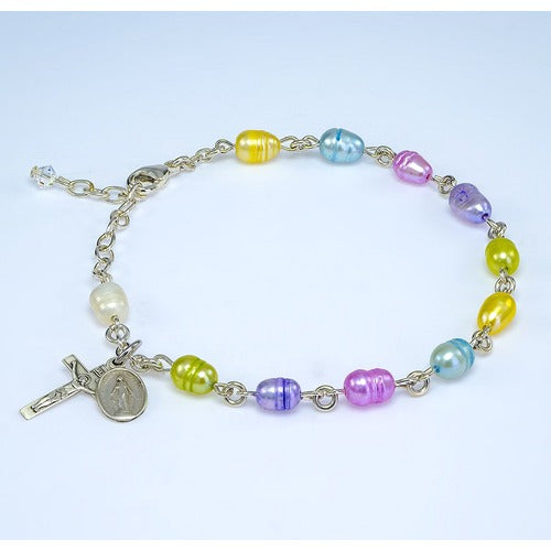 Genuine Freshwater Multi-Colored Pearl Sterling Silver Rosary Bracelet