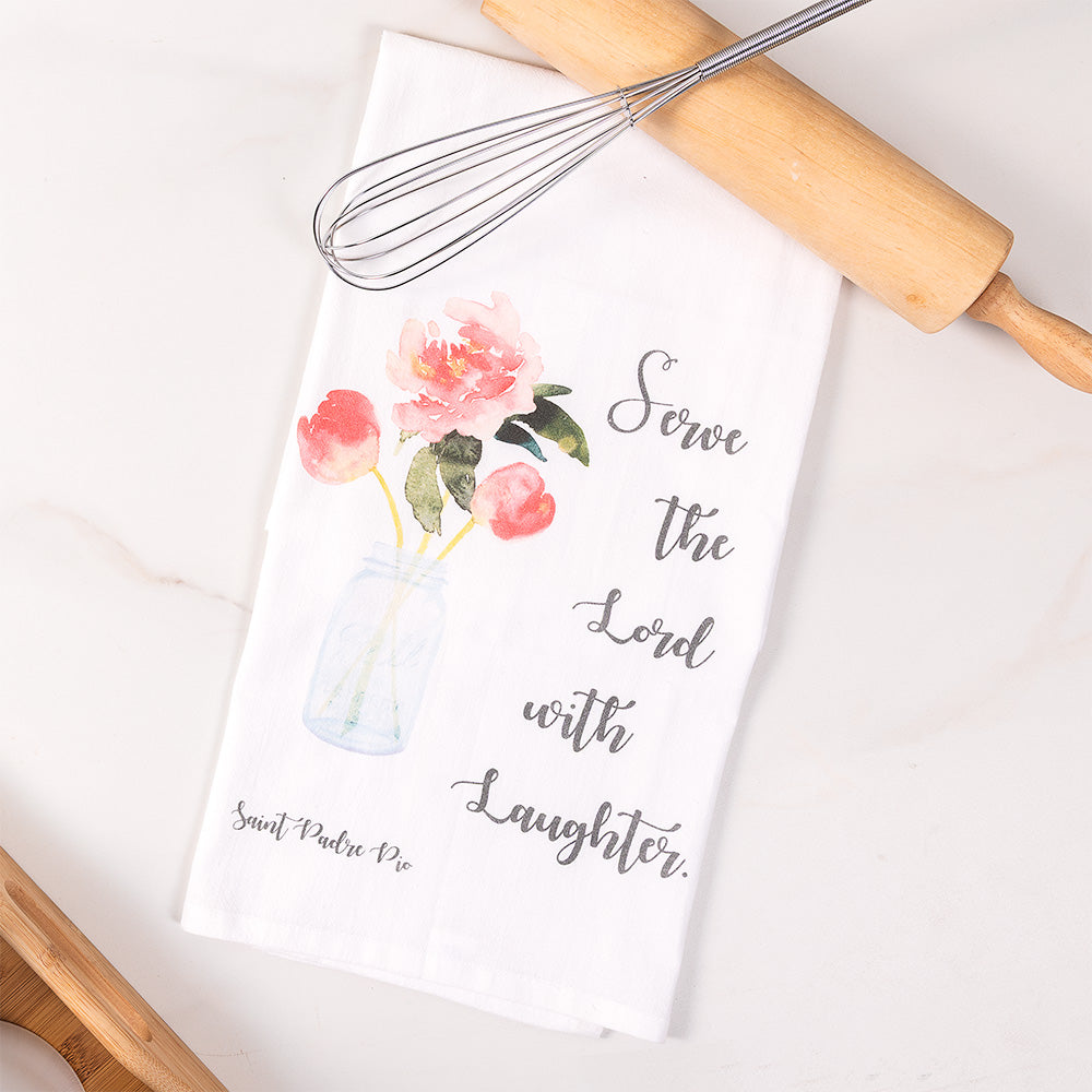 Around the Catholic Table Cookbook and Laughter Padre Pio Watercolor Dishtowel Gift Set