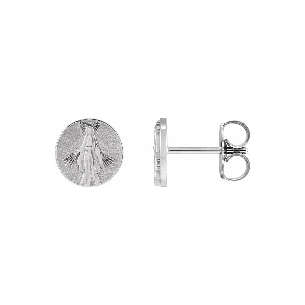 Silver earrings feature a round, engraved Virgin Mary design with a post closure.