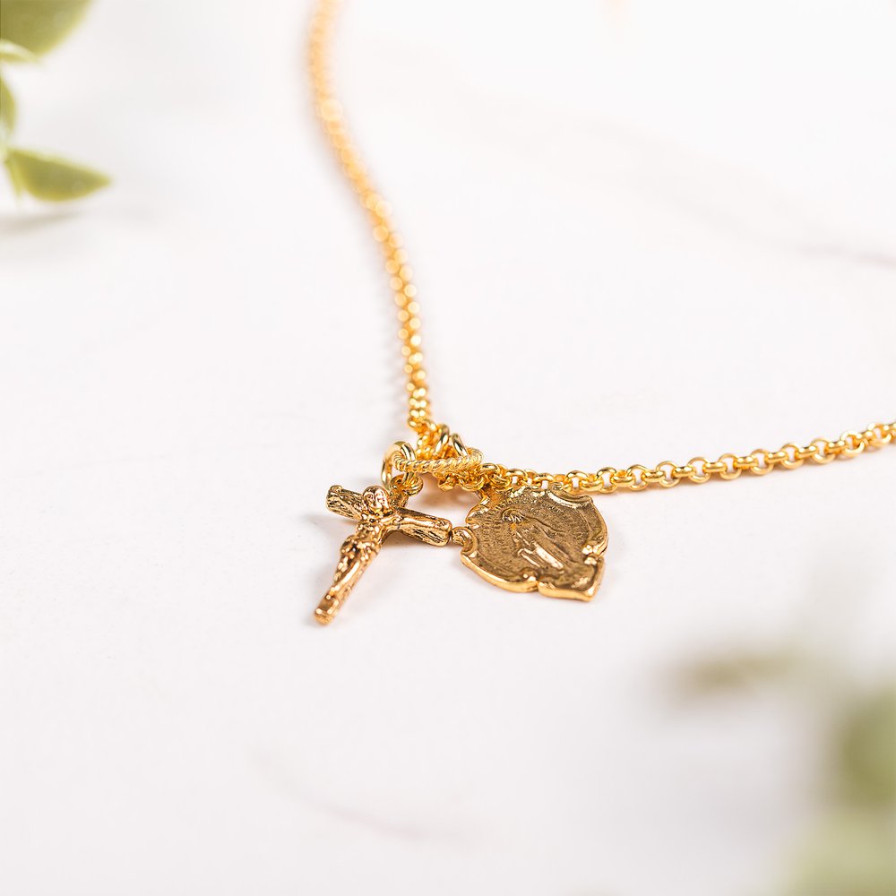Gold Miraculous Medal & Crucifix Charm Necklace