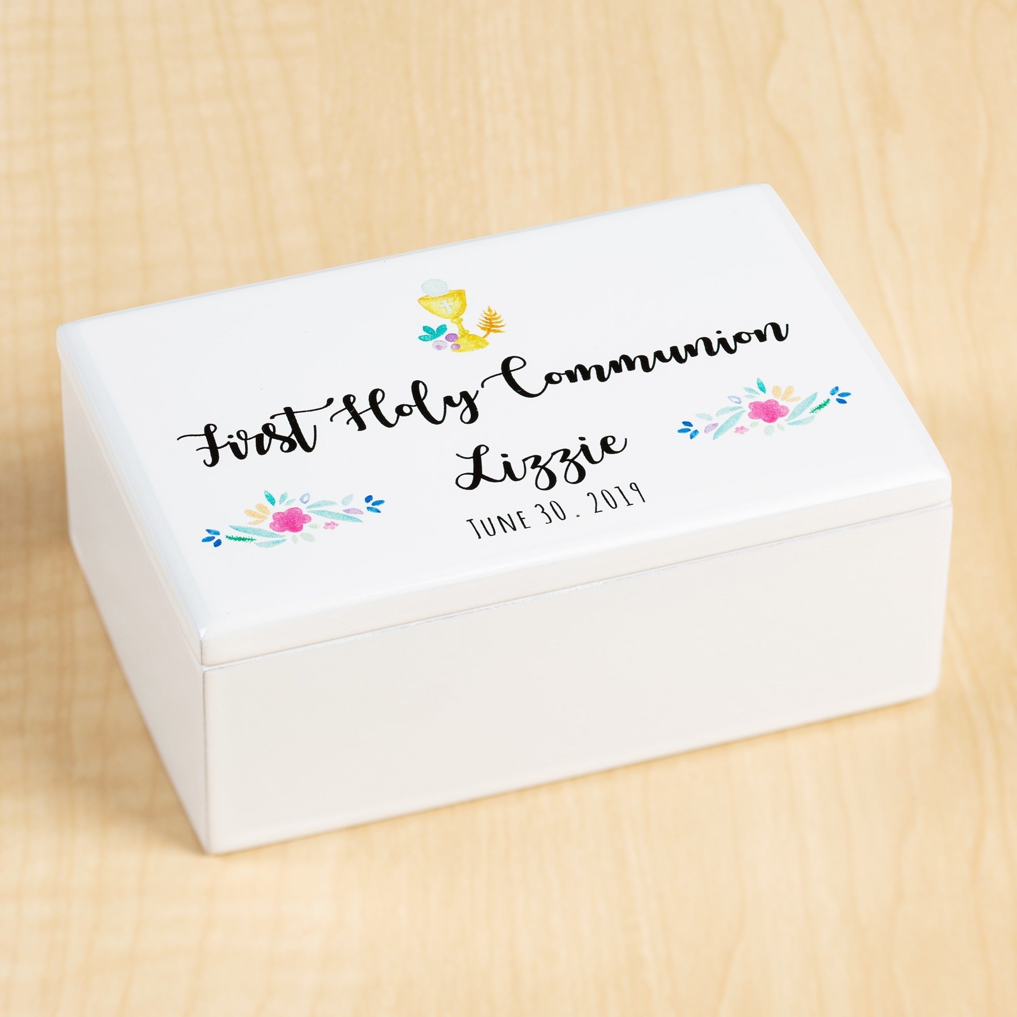 Personalized First Communion Watercolor Wood Box - Girl