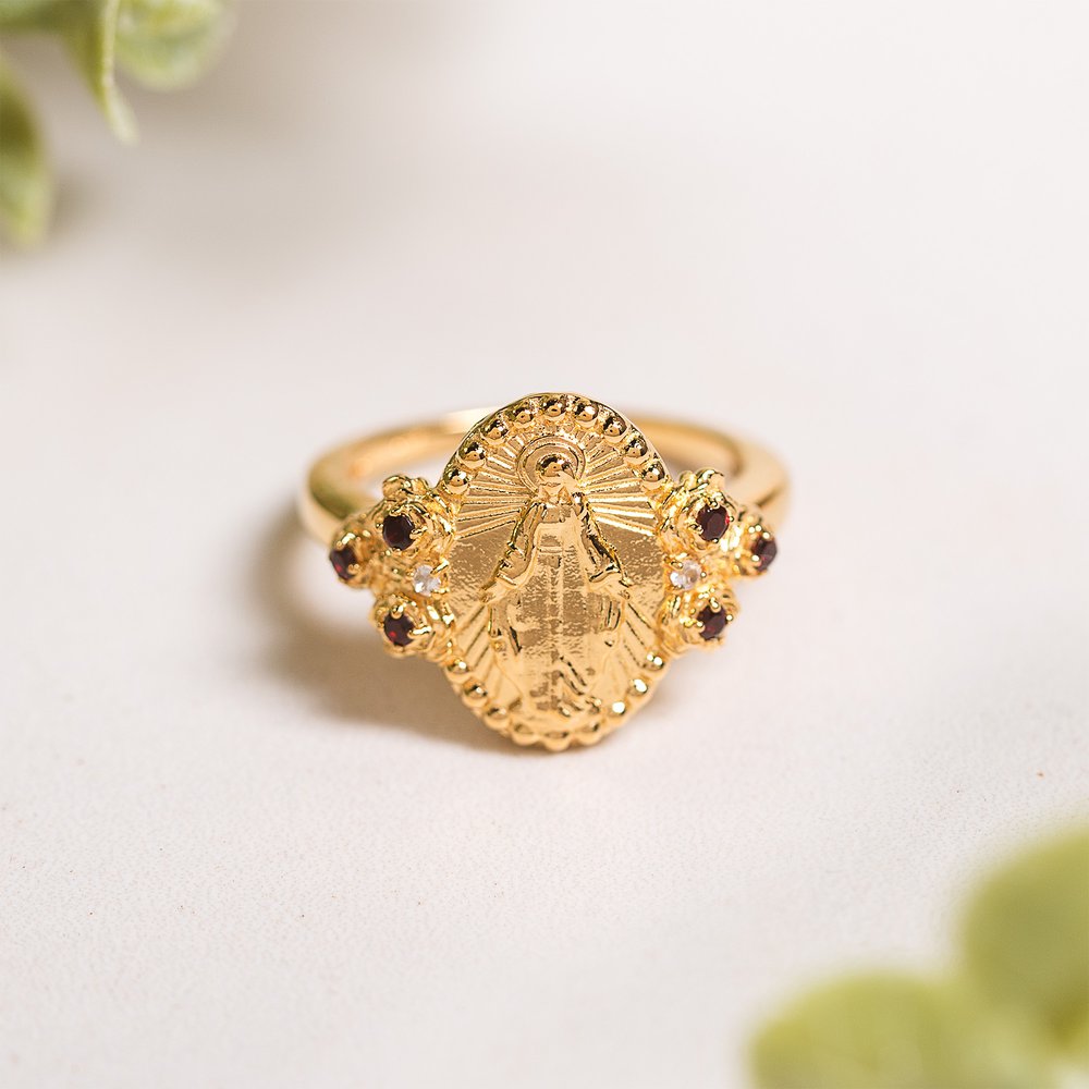 Gold Miraculous Medal & Rose Accent Ring - Multiple Sizes