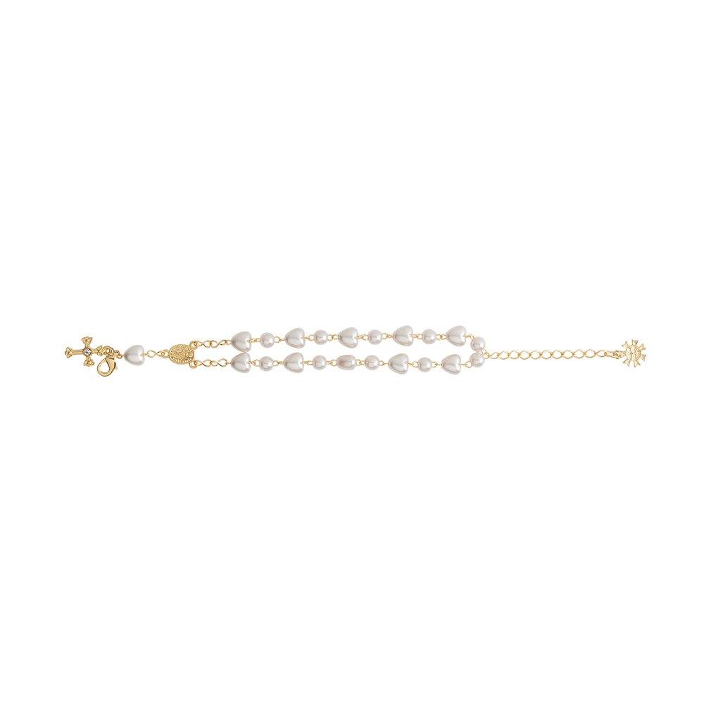 Double Strand Heart & Pearl Rosary Bracelet