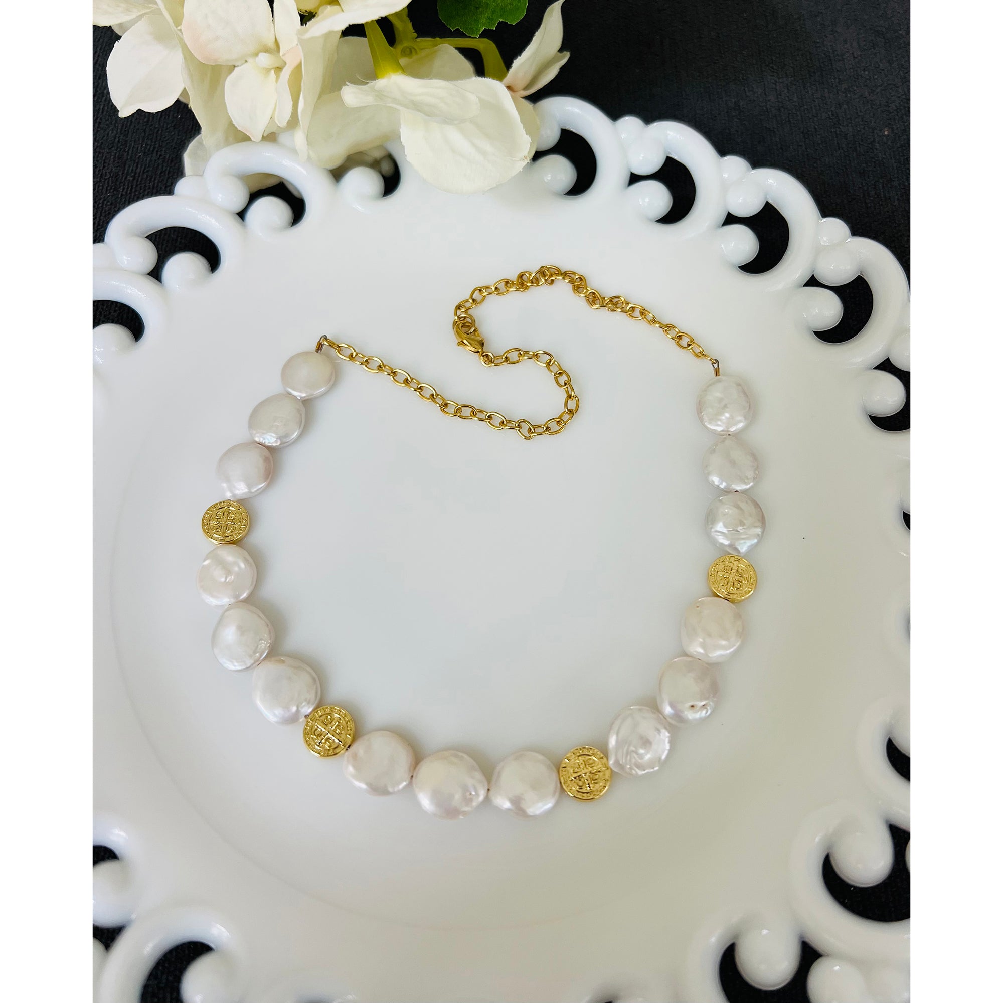 Freshwater Pearl & Gold St. Benedict Medal Necklace