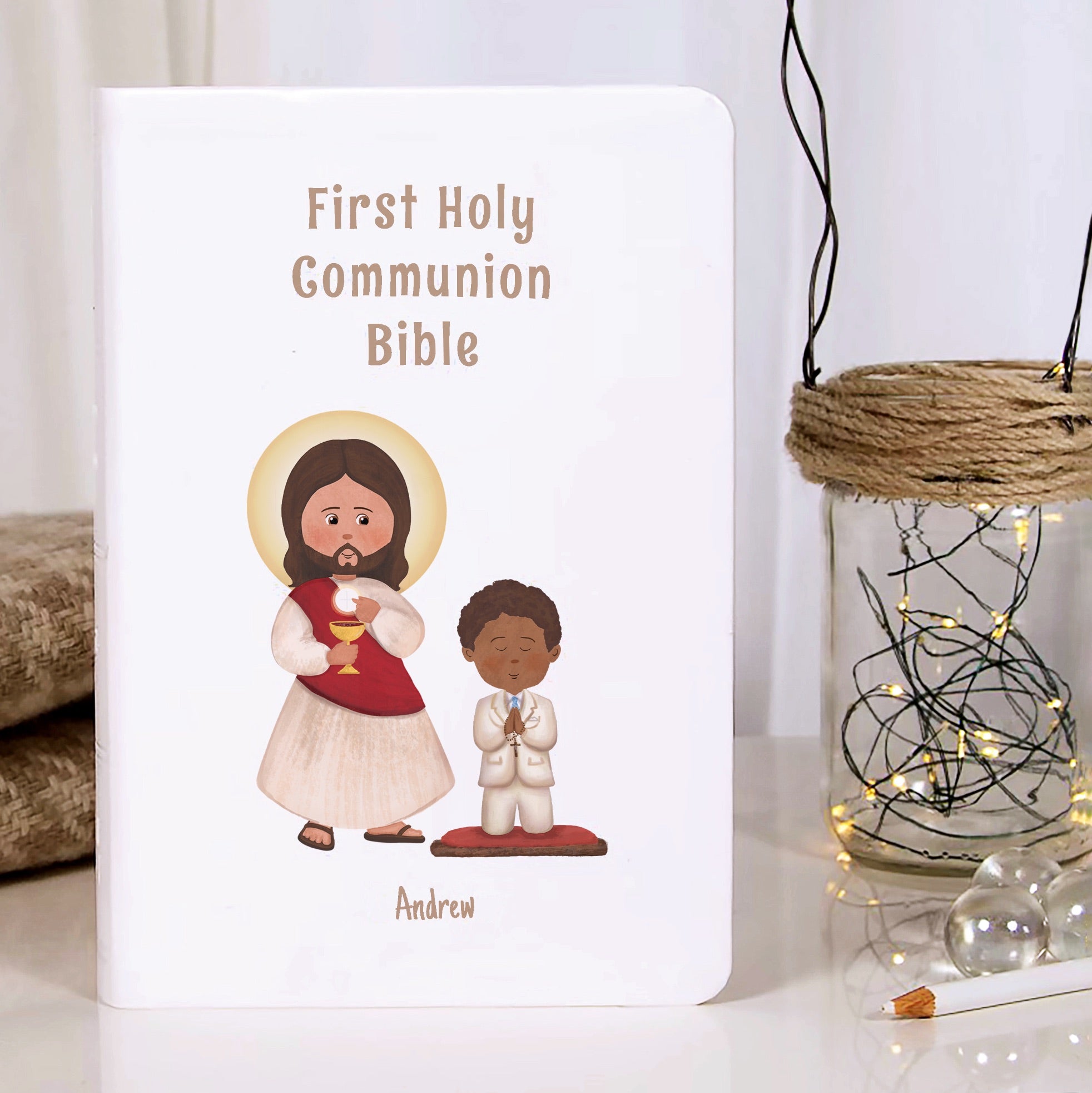 First Holy Communion Bible with illustration, white cover, personalized.