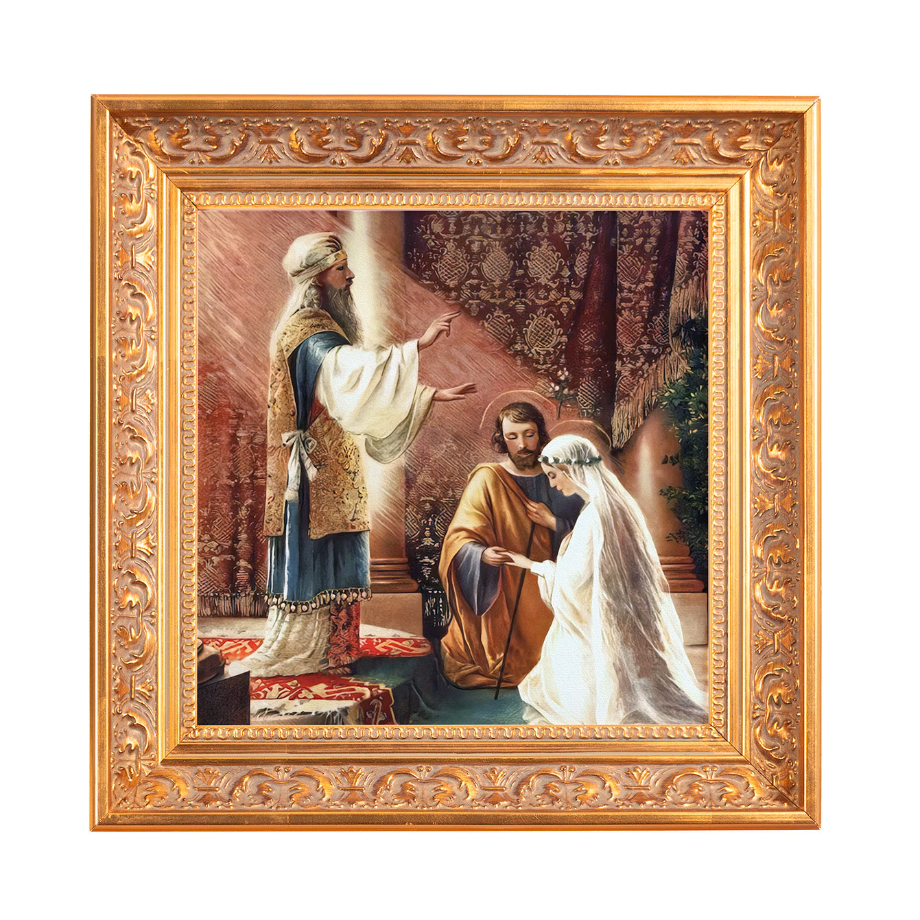 Framed Tapestry depicting the marriage of Joseph and Mary, in a gold ornate frame.