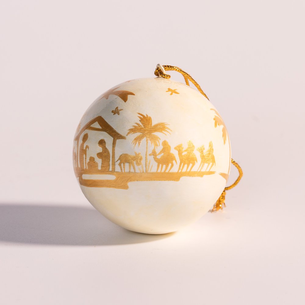 White & Gold Papier-Mâché Nativity Ornament