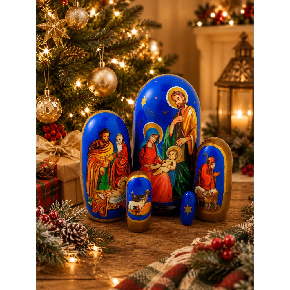 Handcrafted Nativity & Adoration of the Shepherds Russian Nesting Dolls - Set of 5