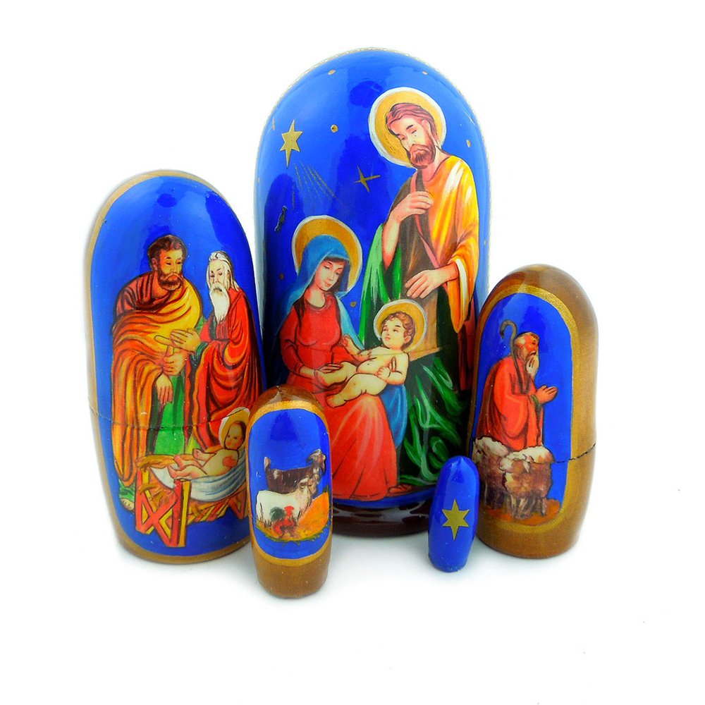 Handcrafted Nativity & Adoration of the Shepherds Russian Nesting Dolls - Set of 5