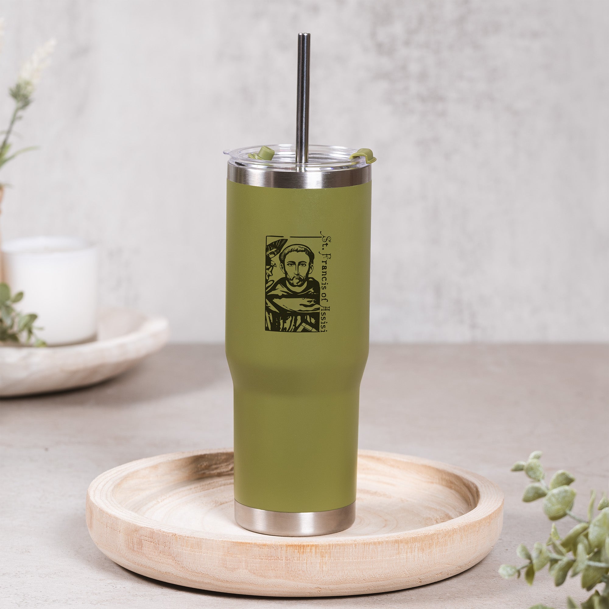 Green St. Francis Stainless Steel Tumbler with Straw