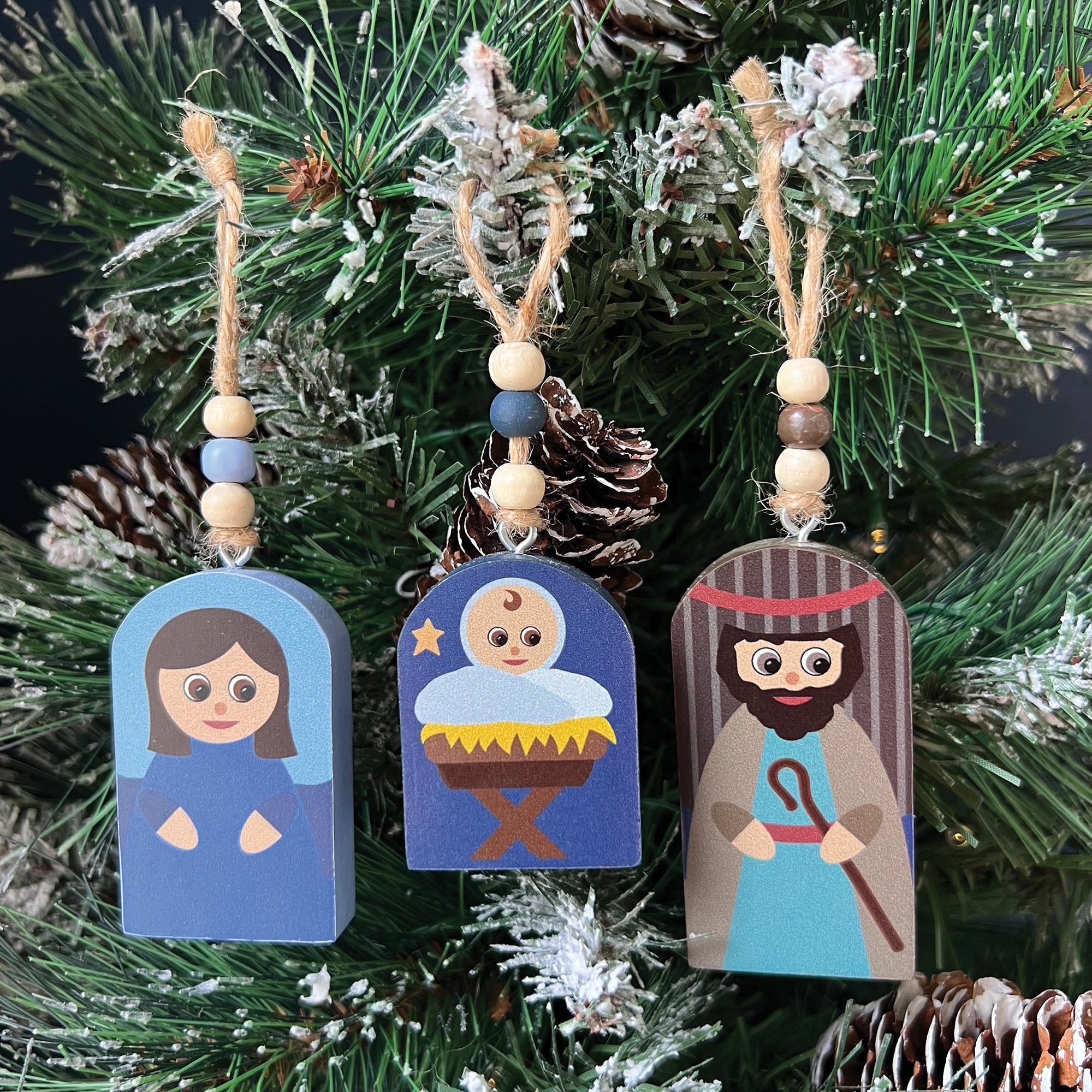 Children's Holy Family Wooden Ornament Set - 3 Pieces