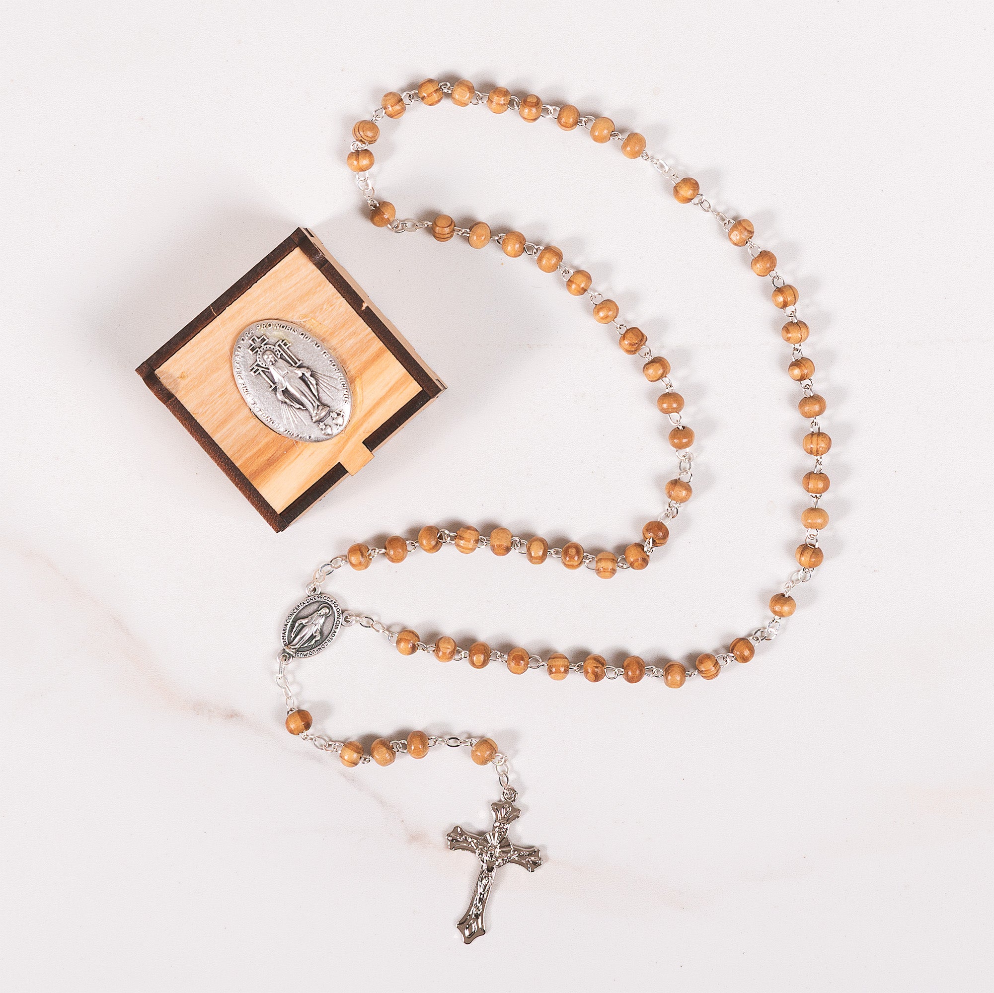 Italian Wood Rosary & Miraculous Medal Rosary Box