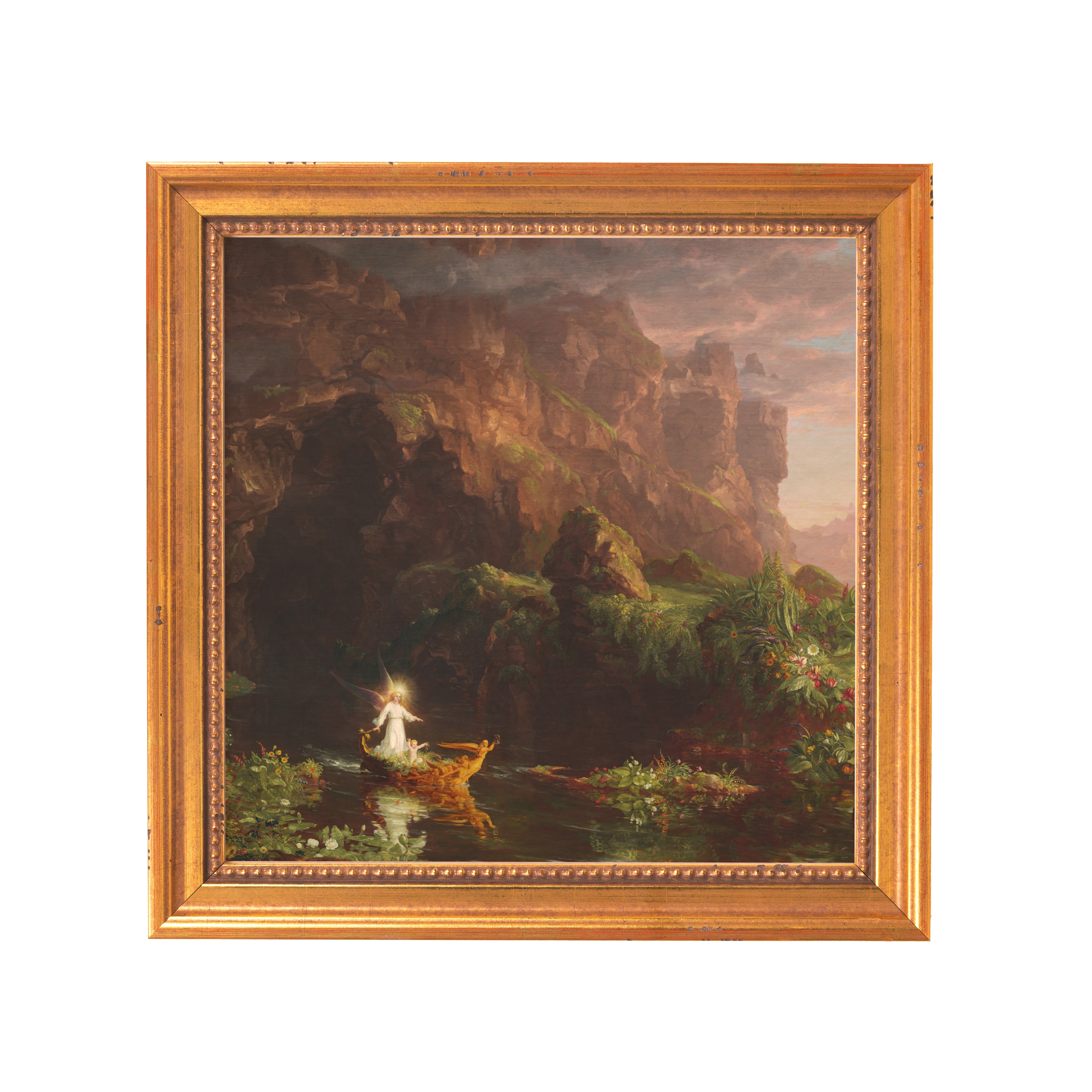 Framed painting shows a landscape with river and angel-like figure in a gilded frame.