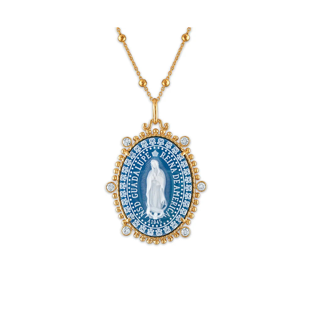 Blue Stone Cameo Our Lady of Guadalupe Necklace