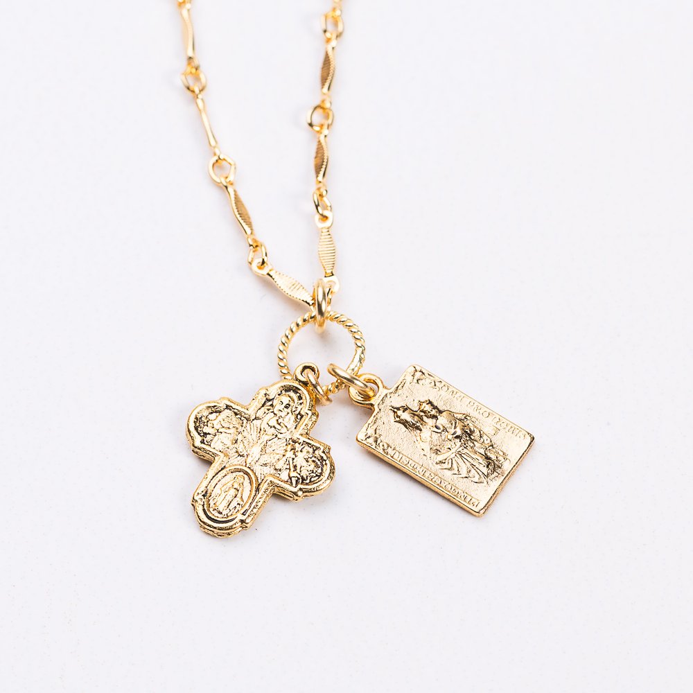 Gold Scapular & 4-Way Cross Necklace