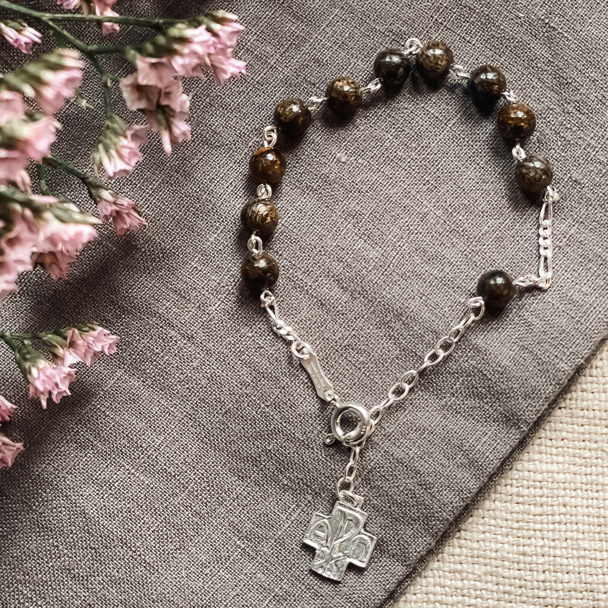 Bronzite & Sterling Rosary Bracelet