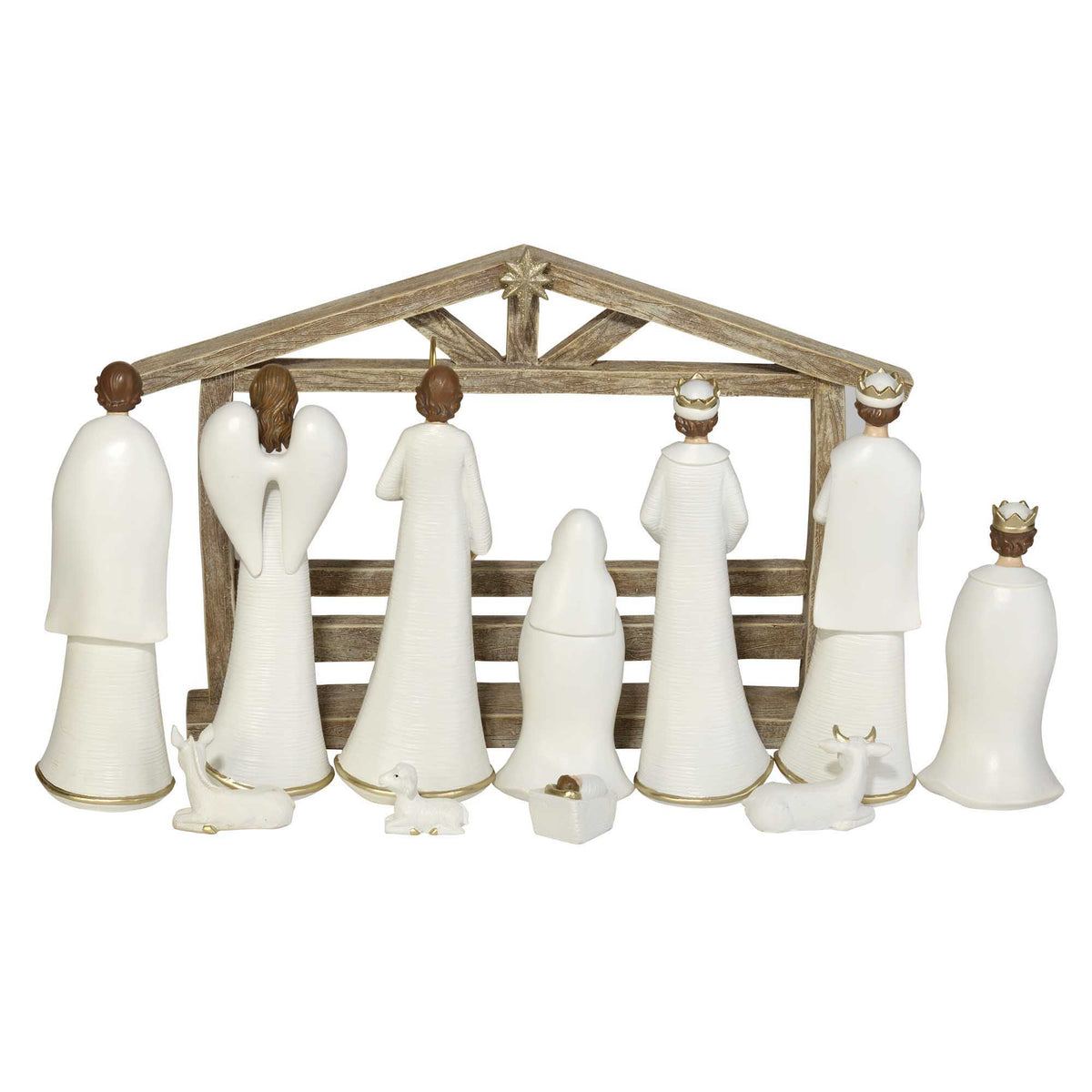 White & Gold Nativity Set with Rustic Creche – 11 Pieces