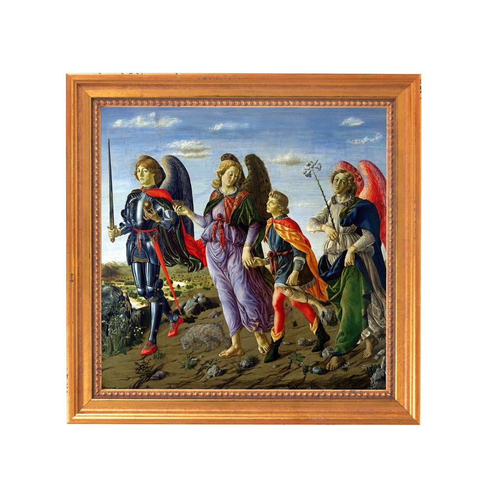 Framed painting of Tobias and the Angel in Renaissance style, with a decorative gold frame.