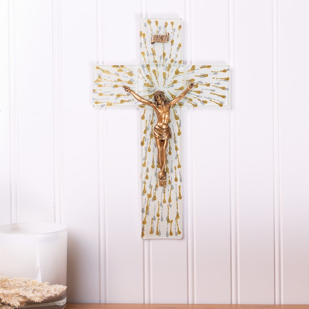 Gold & Silver Teardrop Shimmer Glass Crucifix - 10"